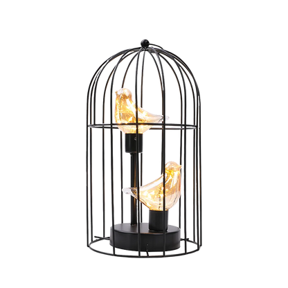 Warm White Fairy Light Table Lamp with Vintage Birdcage Frame and Bird Accent