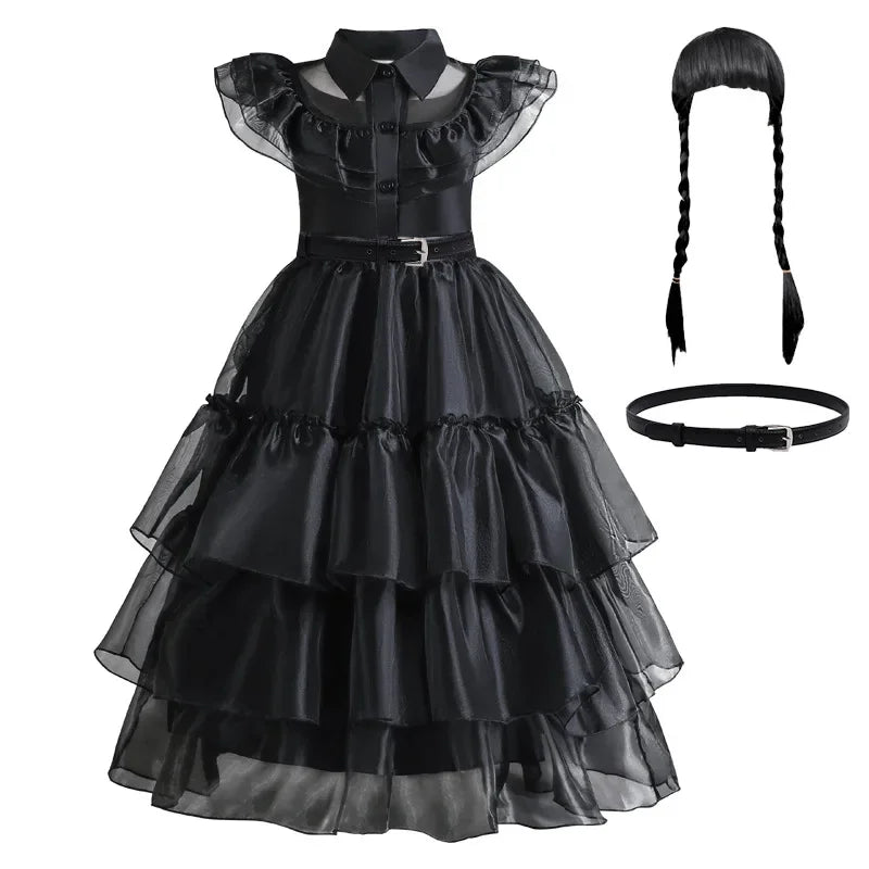 Girls Gothic Layered Cake Gown with Mesh Cutout Details and Mid Calf Length