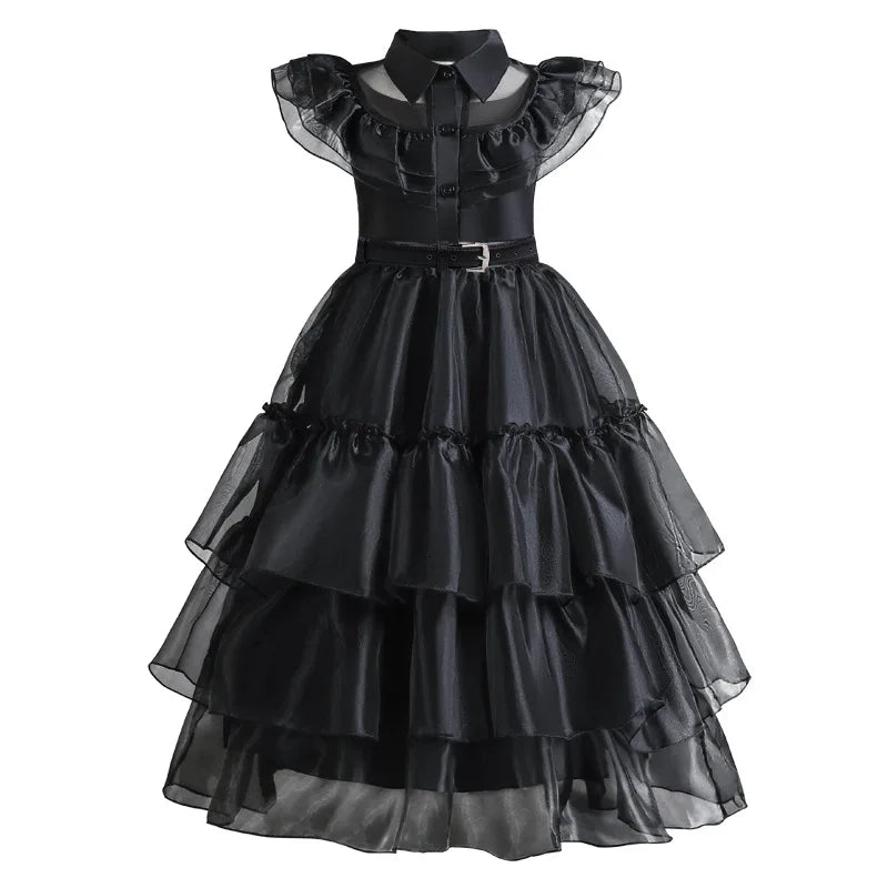 Girls Gothic Layered Cake Gown with Mesh Cutout Details and Mid Calf Length