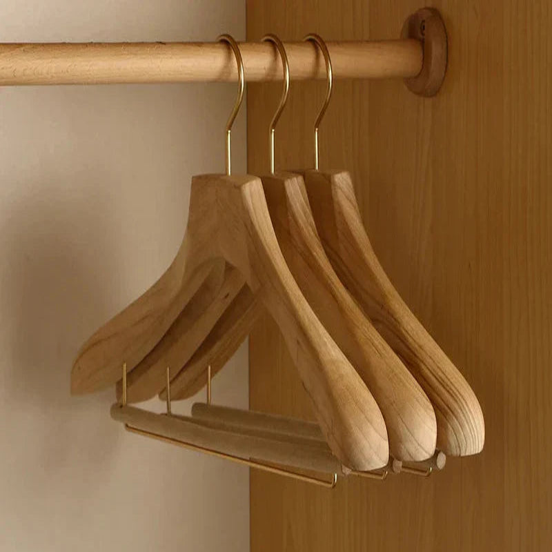 Wide Shoulder Wooden Hangers with Camphor Wood and Flocked Rod, Set of 2
