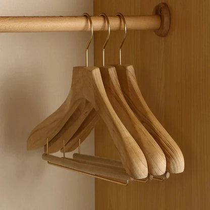 Wide Shoulder Wooden Hangers with Camphor Wood and Flocked Rod, Set of 2
