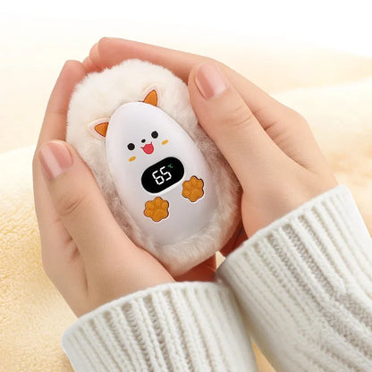 Rechargeable Hand Warmer with Digital Display and Cat Plush Design, 3 Heat Levels