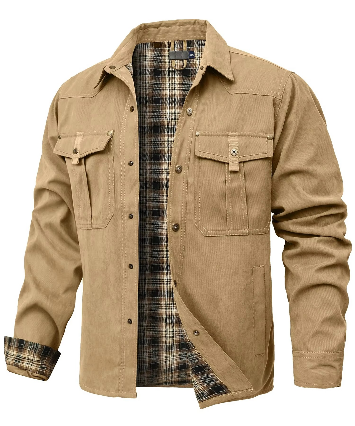Mens Flannel Lined Western Shirt Jacket with Snap Buttons and Chest Pockets