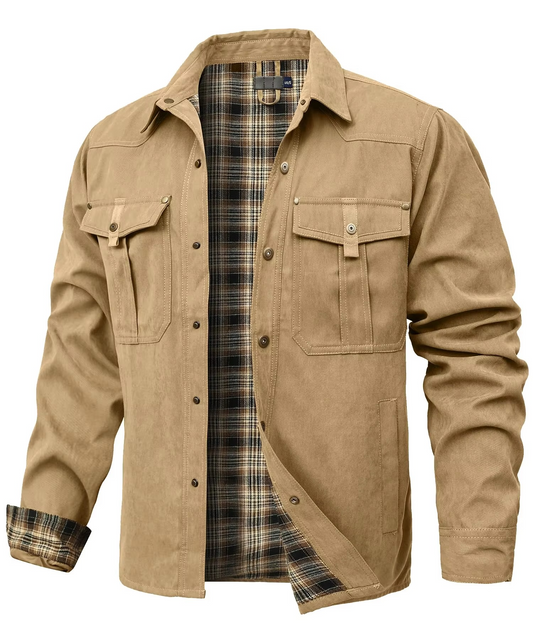 Mens Flannel Lined Western Shirt Jacket with Snap Buttons and Chest Pockets