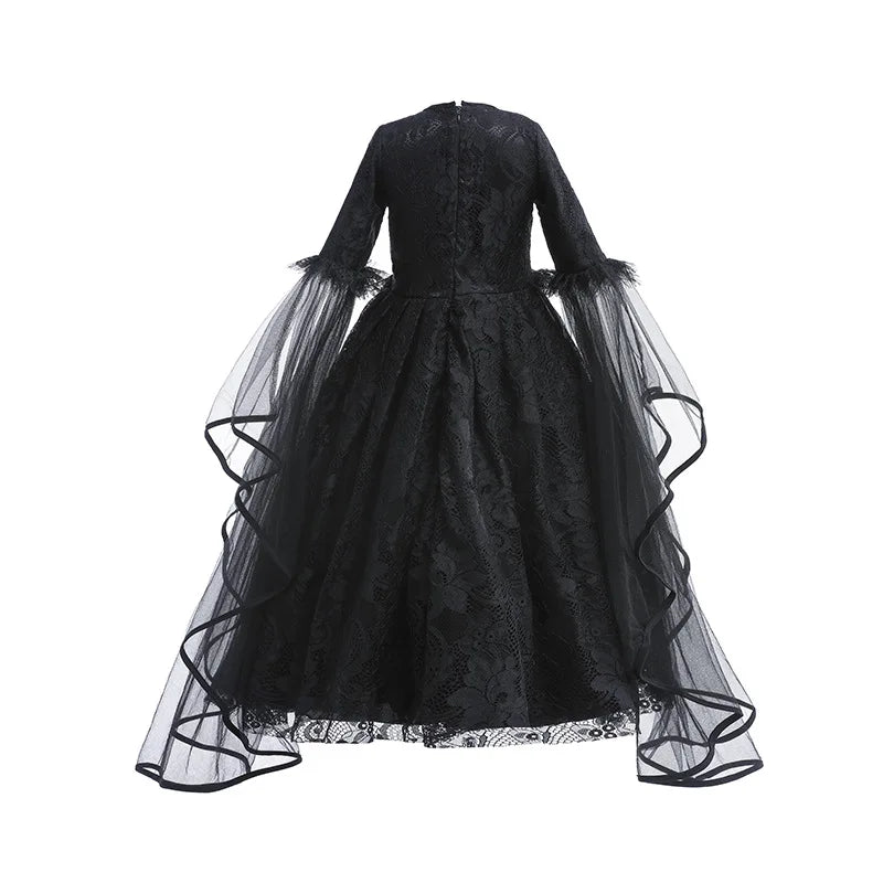 Girls Witch Queen Costume Dress with Lace Ruffles and Mid Calf Length