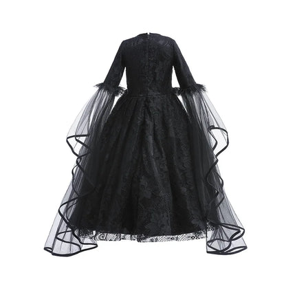 Girls Witch Queen Costume Dress with Lace Ruffles and Mid Calf Length