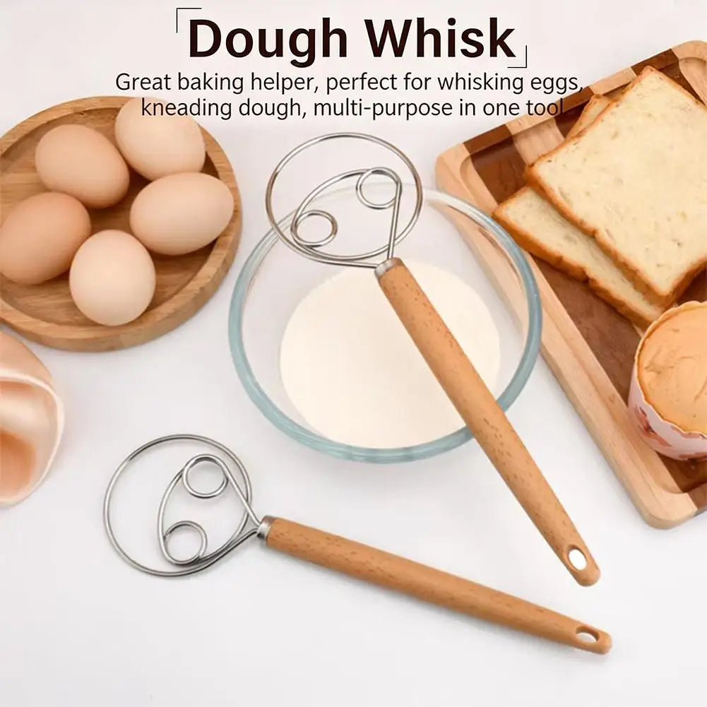 Stainless Steel Dough Whisk with Beechwood Handle for Bread and Sourdough Mixing