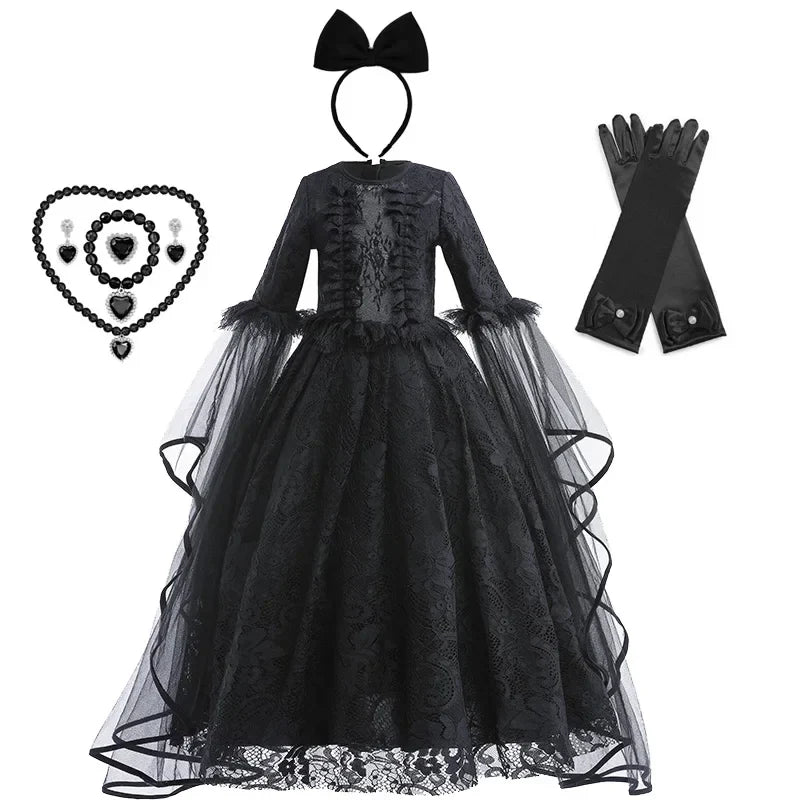 Girls Witch Queen Costume Dress with Lace Ruffles and Mid Calf Length