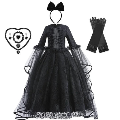 Girls Witch Queen Costume Dress with Lace Ruffles and Mid Calf Length