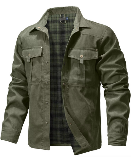 Mens Flannel Lined Western Shirt Jacket with Snap Buttons and Chest Pockets