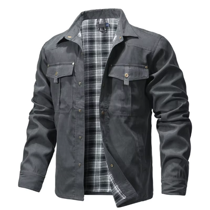 Mens Flannel Lined Western Shirt Jacket with Snap Buttons and Chest Pockets
