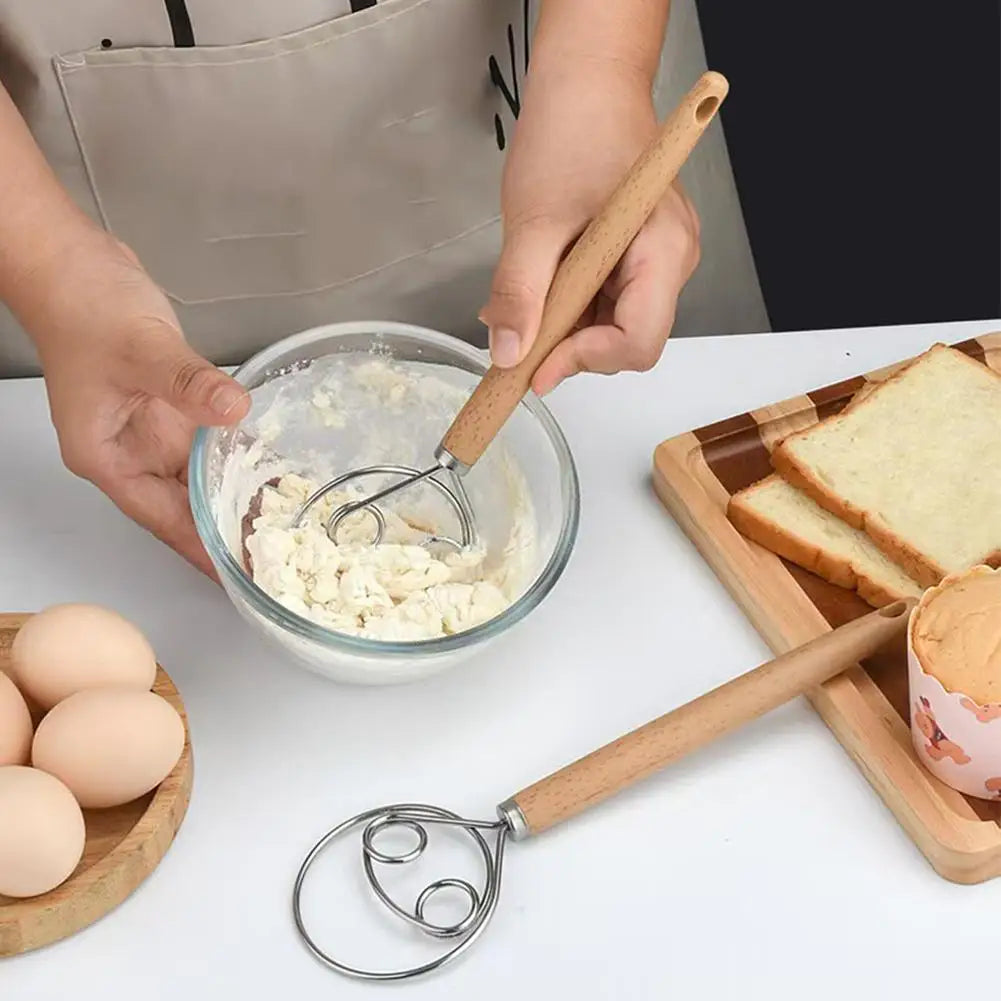 Stainless Steel Dough Whisk with Beechwood Handle for Bread and Sourdough Mixing