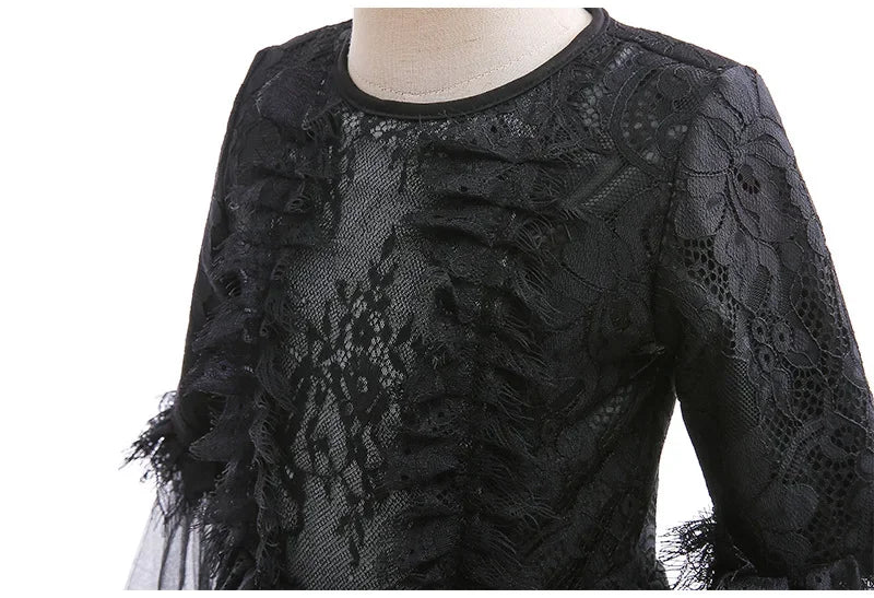 Girls Witch Queen Costume Dress with Lace Ruffles and Mid Calf Length