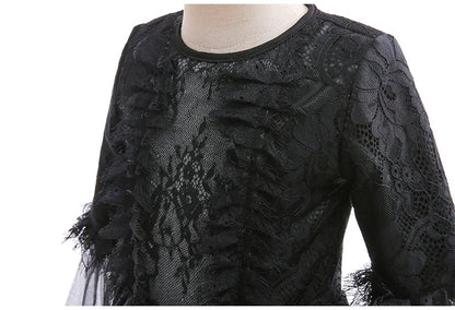 Girls Witch Queen Costume Dress with Lace Ruffles and Mid Calf Length