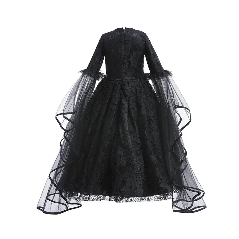 Girls Witch Queen Costume Dress with Lace Ruffles and Mid Calf Length