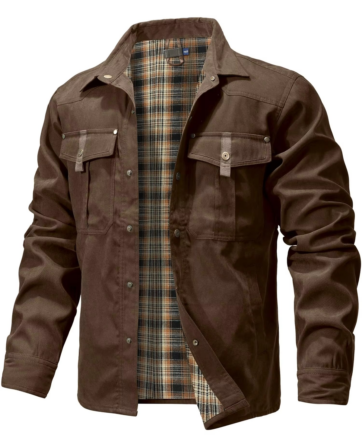 Mens Flannel Lined Western Shirt Jacket with Snap Buttons and Chest Pockets