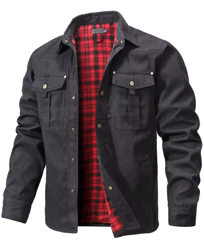 Mens Flannel Lined Western Shirt Jacket with Snap Buttons and Chest Pockets