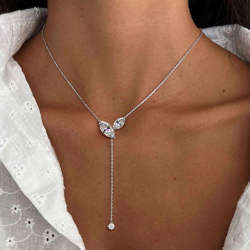 Moissanite Lariat Necklace with Marquise Stones and Y Drop Tassel, 4cttw Sterling Silver