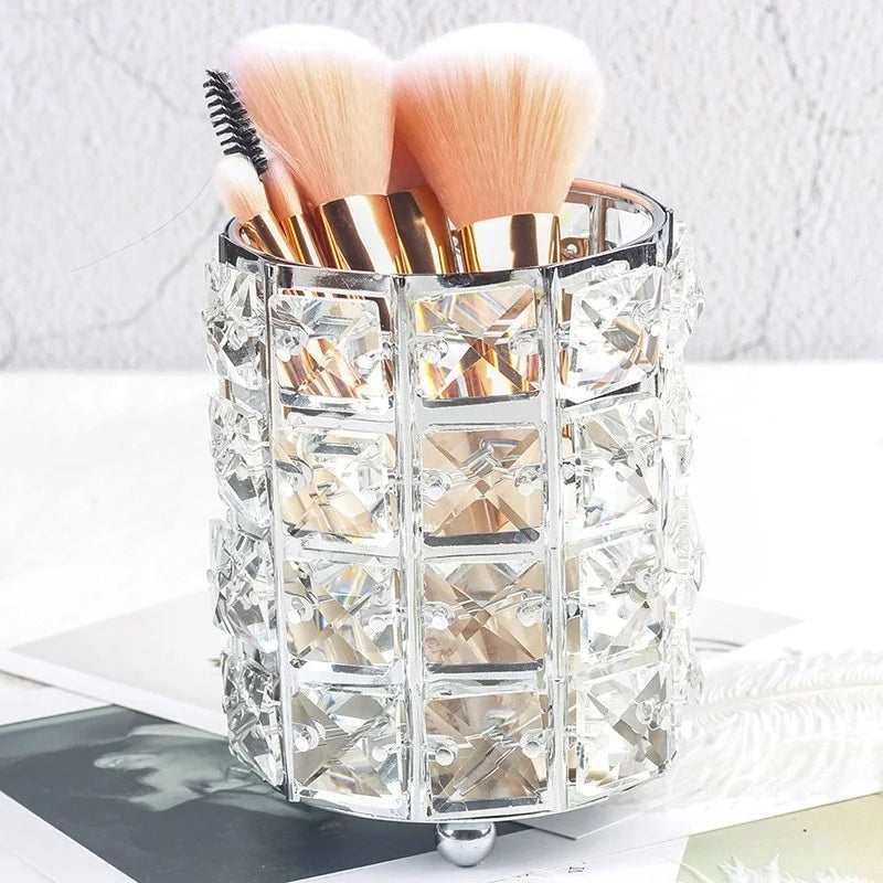 Crystal Makeup Brush Holder with Stainless Steel Frame and Glass Beads, Gold or Silver