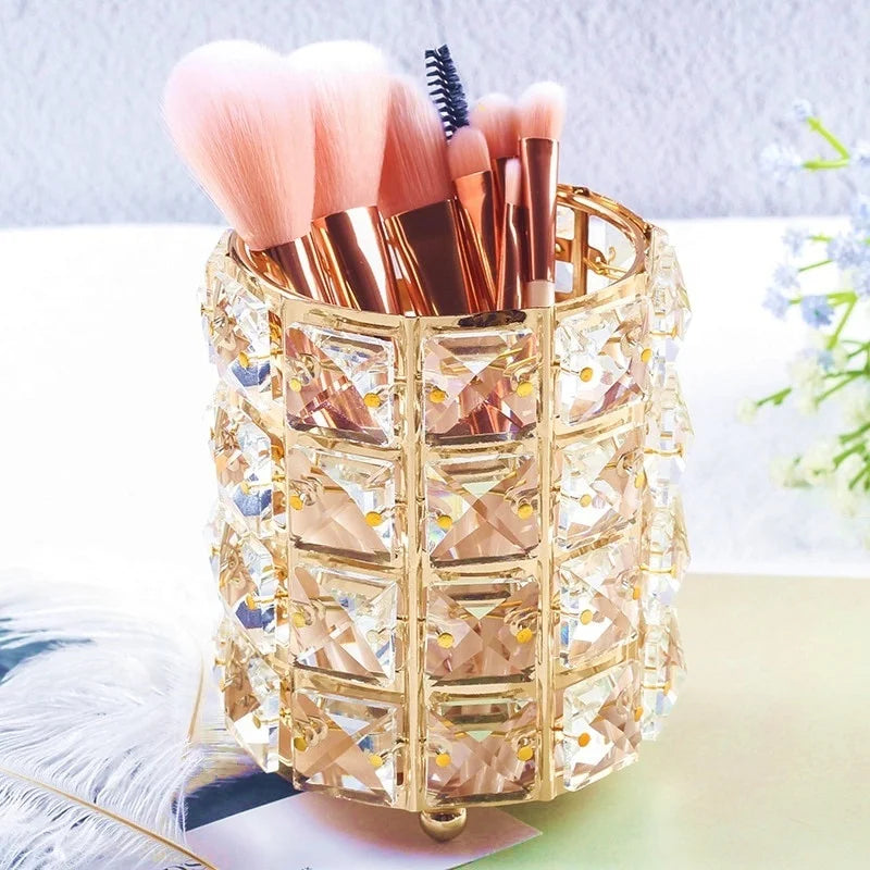 Crystal Makeup Brush Holder with Stainless Steel Frame and Glass Beads, Gold or Silver