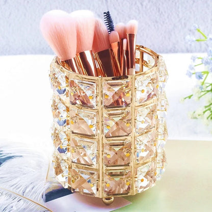 Crystal Makeup Brush Holder with Stainless Steel Frame and Glass Beads, Gold or Silver