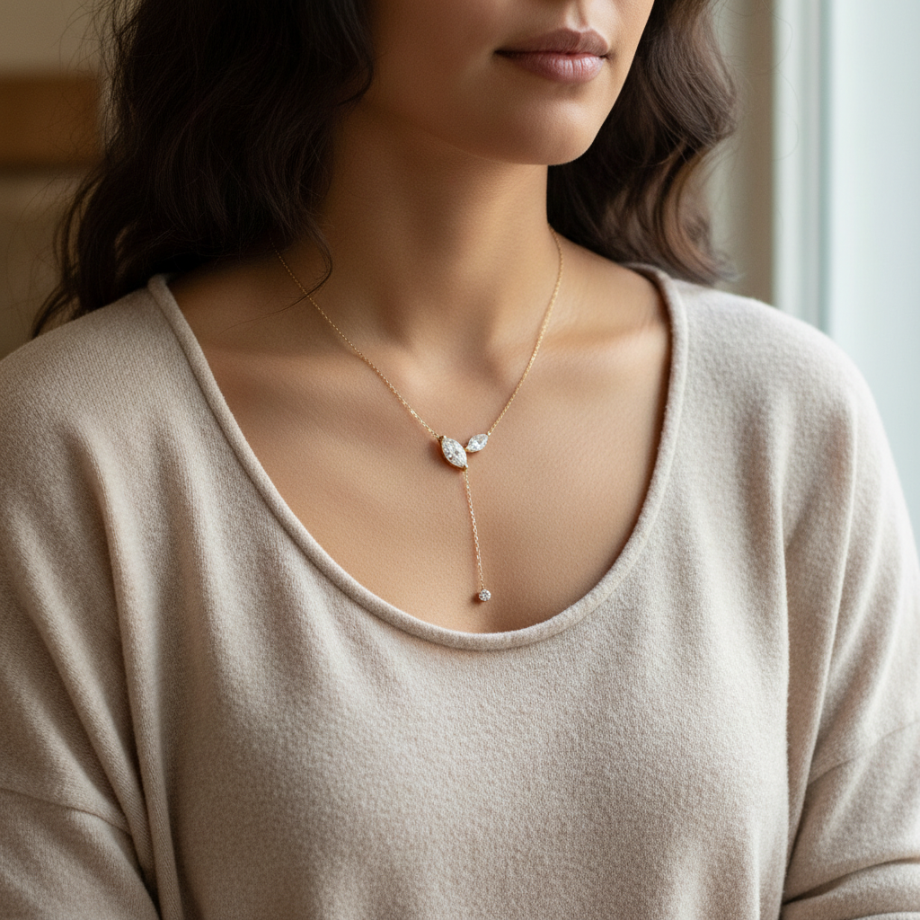 Moissanite Lariat Necklace with Marquise Stones and Y Drop Tassel, 4cttw Sterling Silver