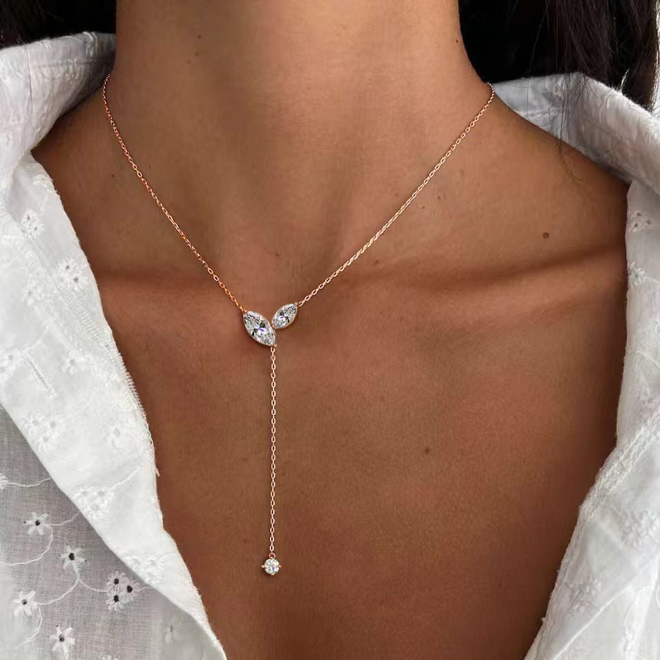 Moissanite Lariat Necklace with Marquise Stones and Y Drop Tassel, 4cttw Sterling Silver