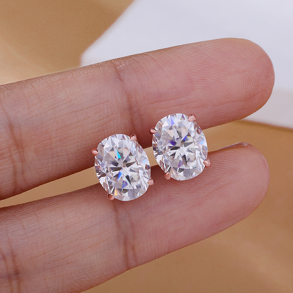 Moissanite Oval Stud Earrings with D Color VVS1 Clarity and Sterling Silver Setting
