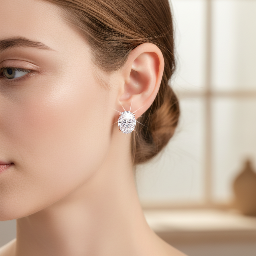 Moissanite Oval Stud Earrings with D Color VVS1 Clarity and Sterling Silver Setting