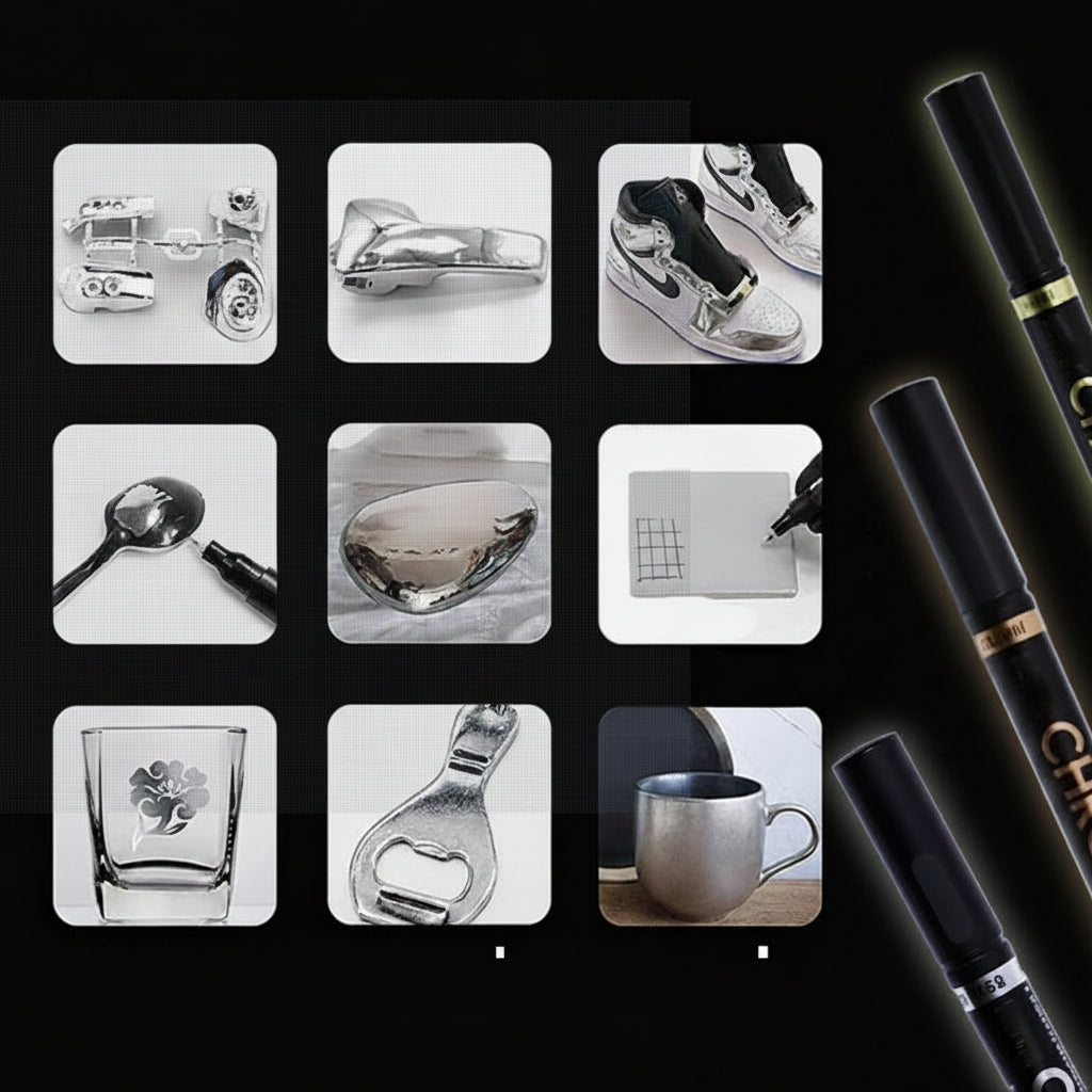 Metallic Paint Pen Set with Reflective Mirror Finish and Multiple Tip Sizes, Silver Gold