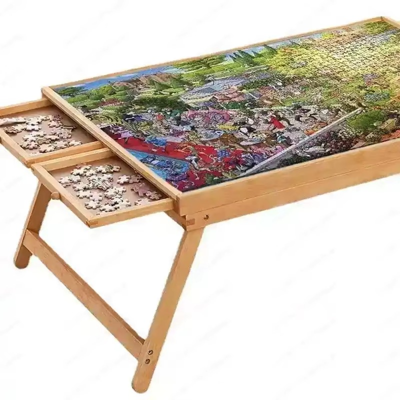 Folding Wooden Puzzle Table with Four Side Drawers for Puzzles Up to 1500 Pieces
