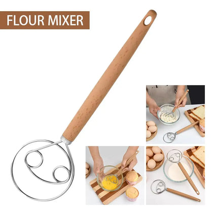 Stainless Steel Dough Whisk with Beechwood Handle for Bread and Sourdough Mixing