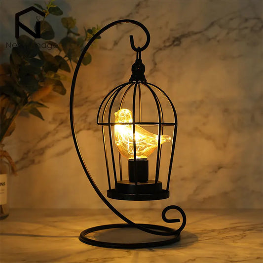 Warm White Fairy Light Table Lamp with Vintage Birdcage Frame and Bird Accent
