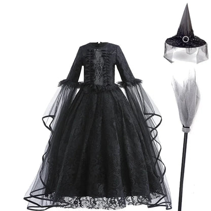 Girls Witch Queen Costume Dress with Lace Ruffles and Mid Calf Length