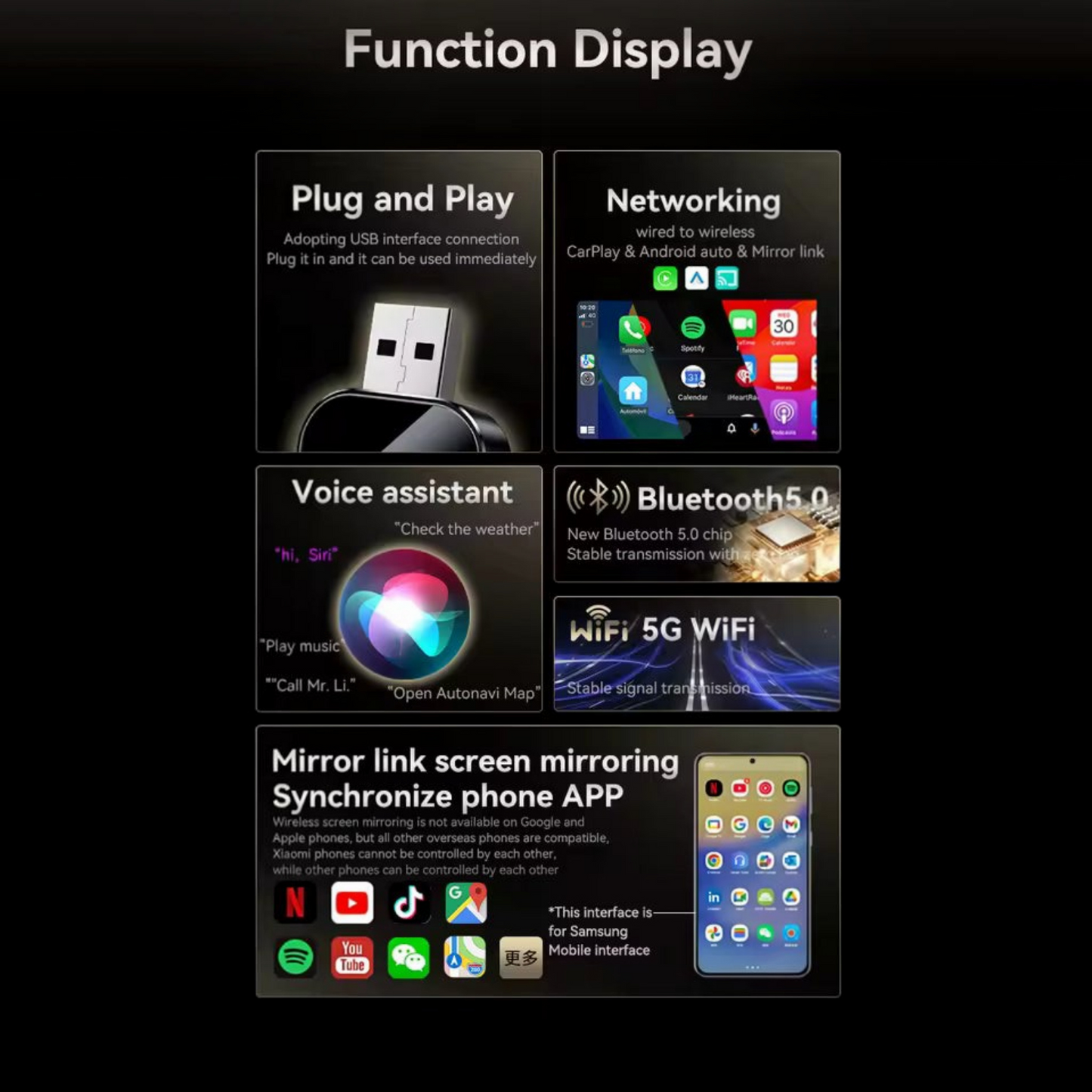 Wireless CarPlay Adapter with Android Auto and Screen Mirroring for Factory Wired Systems