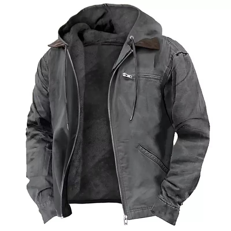 Men's Heavyweight Hooded Workwear Jacket with Insulated Lining and Adjustable Hood