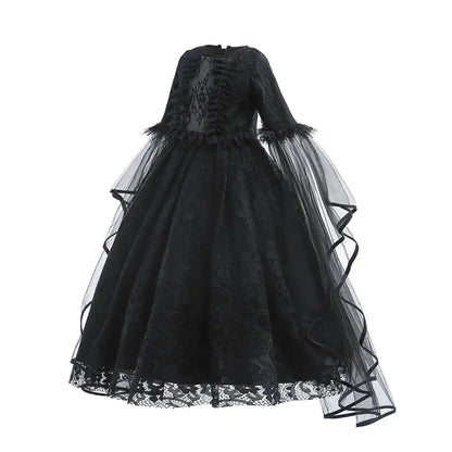Girls Witch Queen Costume Dress with Lace Ruffles and Mid Calf Length