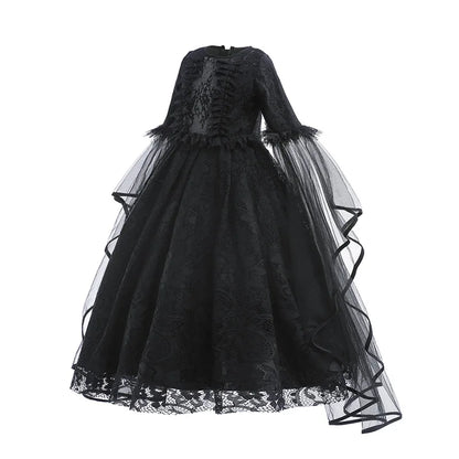 Girls Witch Queen Costume Dress with Lace Ruffles and Mid Calf Length