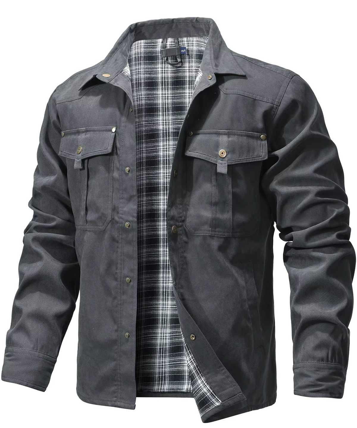 Mens Flannel Lined Western Shirt Jacket with Snap Buttons and Chest Pockets