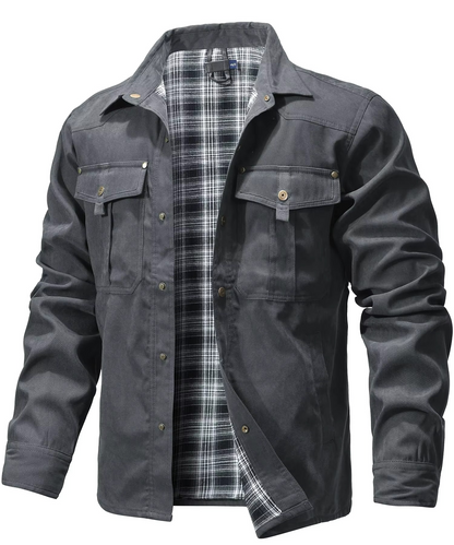 Mens Flannel Lined Western Shirt Jacket with Snap Buttons and Chest Pockets