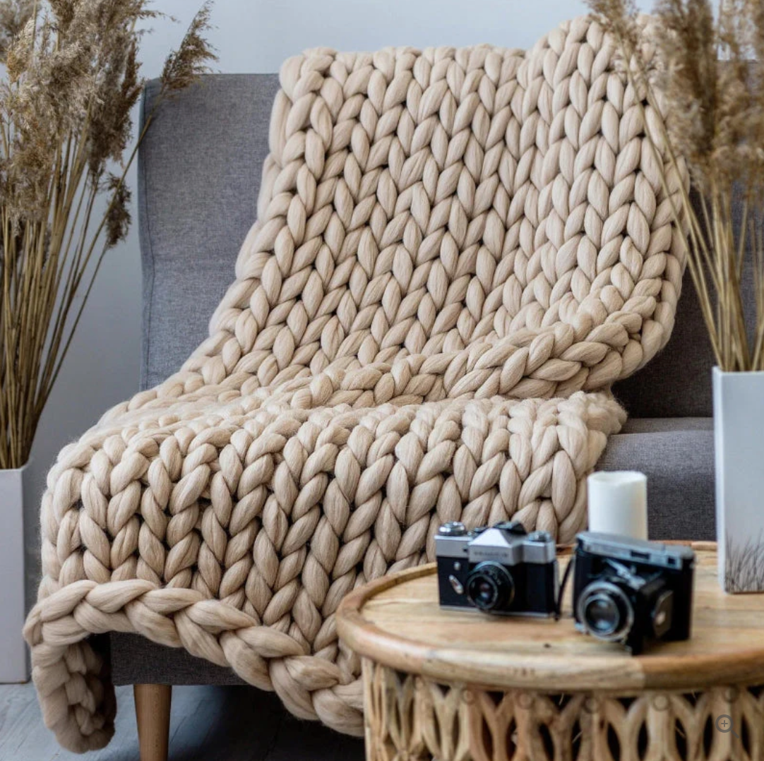 Hand Knitted Wool Blanket with Open Weave and Temperature Regulation