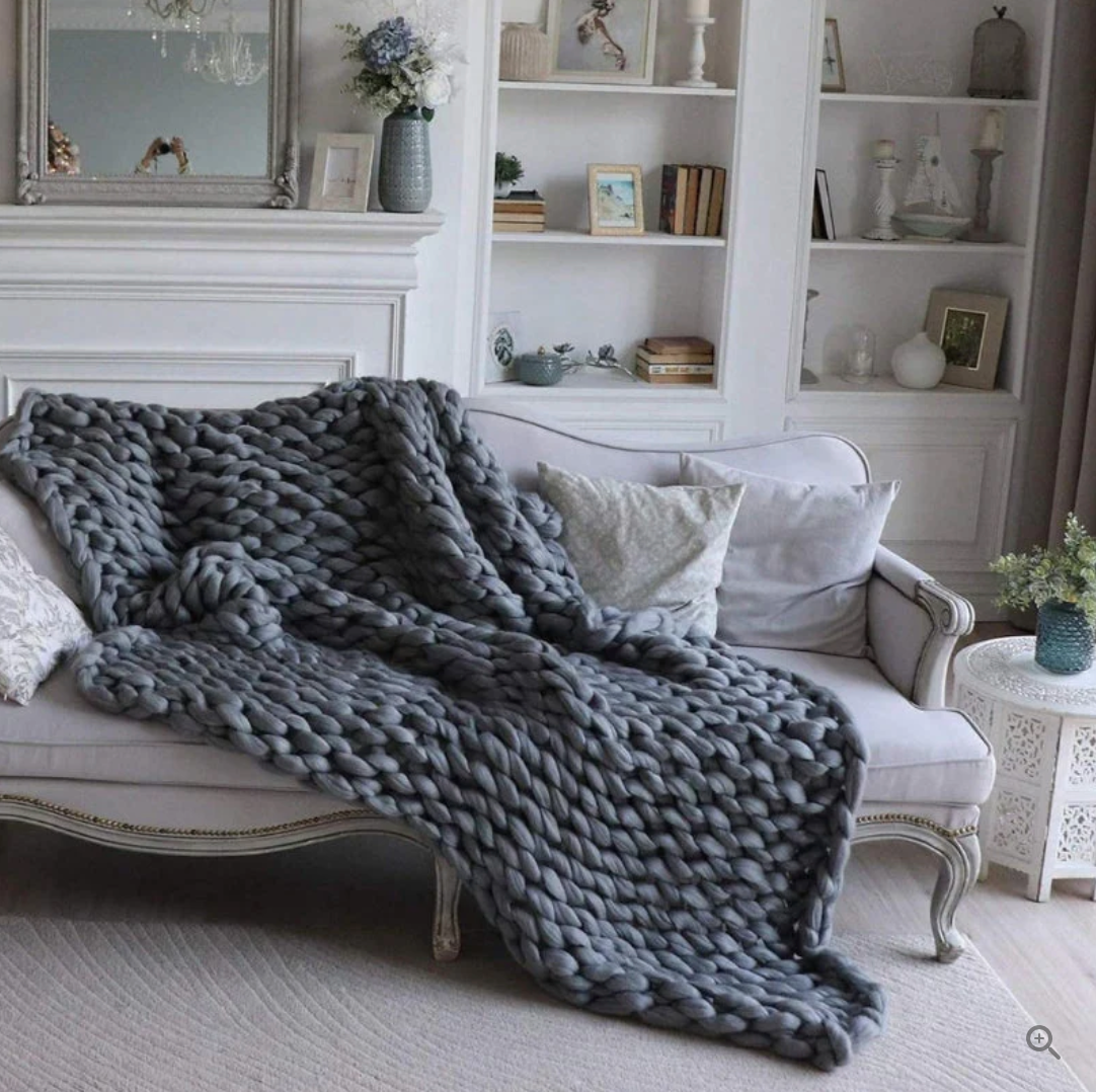 Hand Knitted Wool Blanket with Open Weave and Temperature Regulation