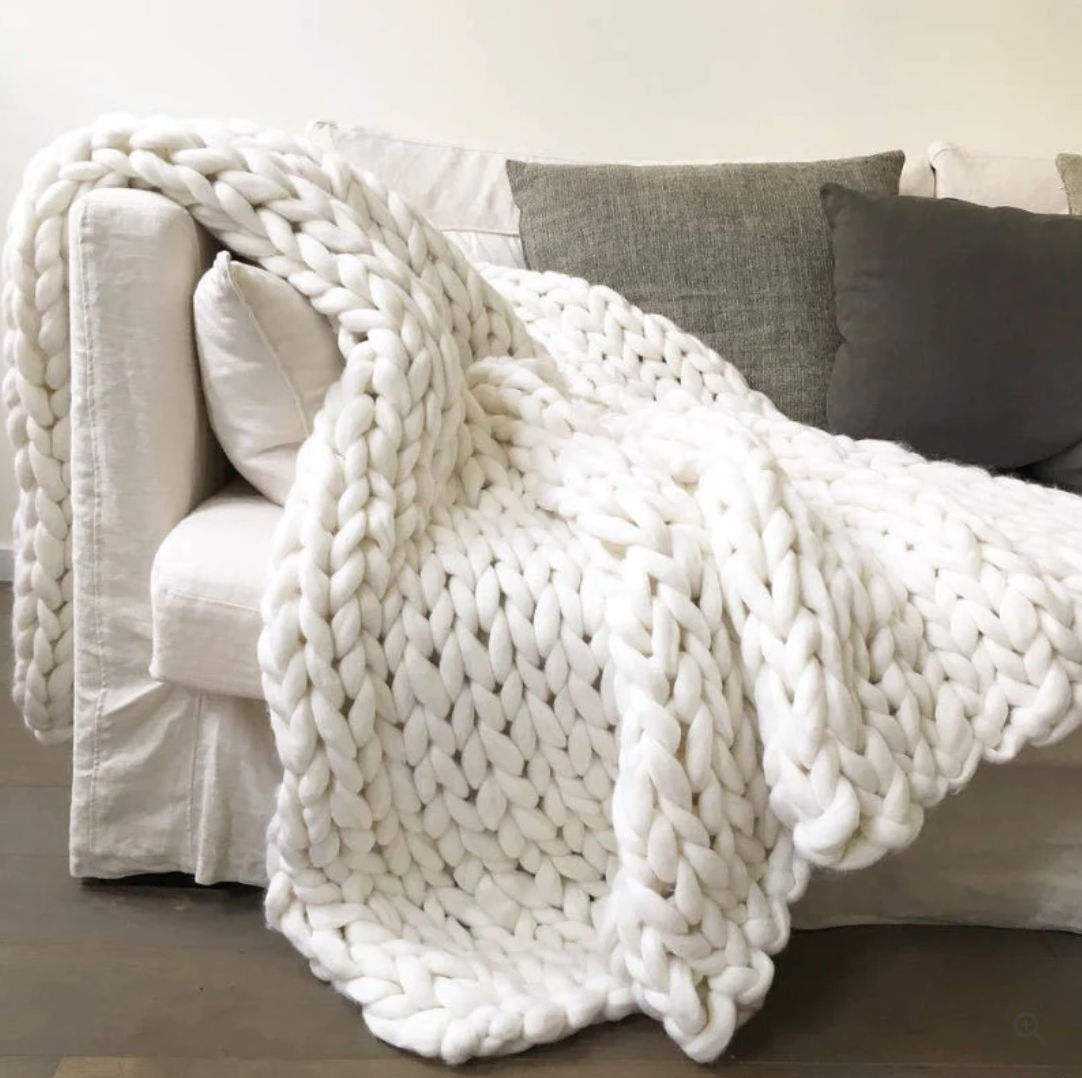 Hand Knitted Wool Blanket with Open Weave and Temperature Regulation