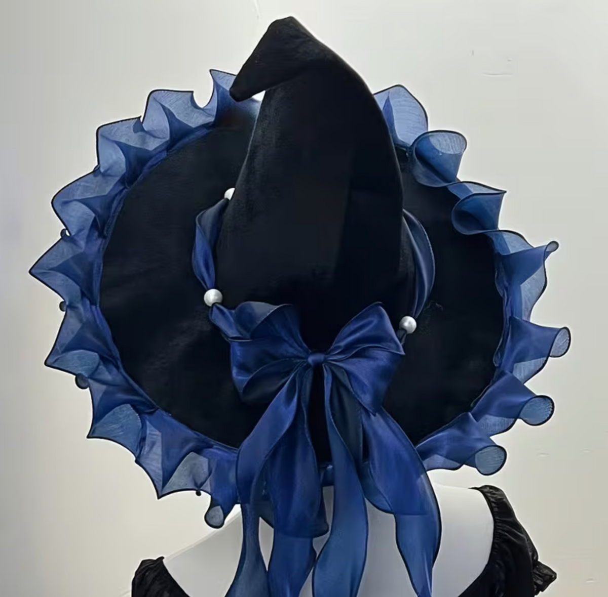 Pointed Woven Witch Hat in Polyester with Decorative Bow and Wide 18.89 Inch Brim