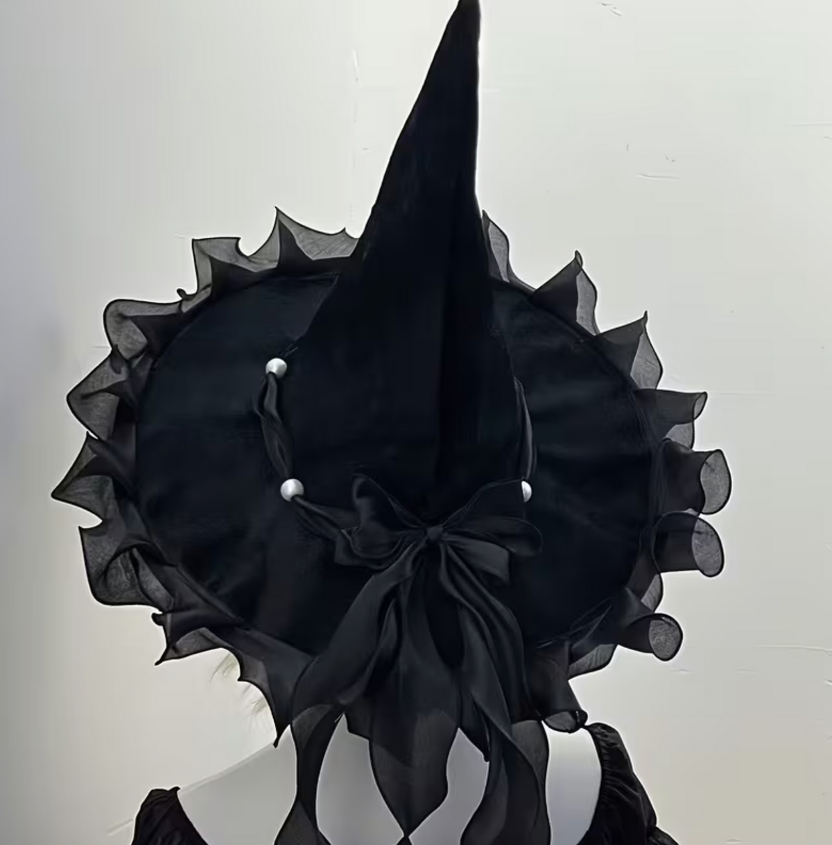 Pointed Woven Witch Hat in Polyester with Decorative Bow and Wide 18.89 Inch Brim