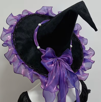 Pointed Woven Witch Hat in Polyester with Decorative Bow and Wide 18.89 Inch Brim