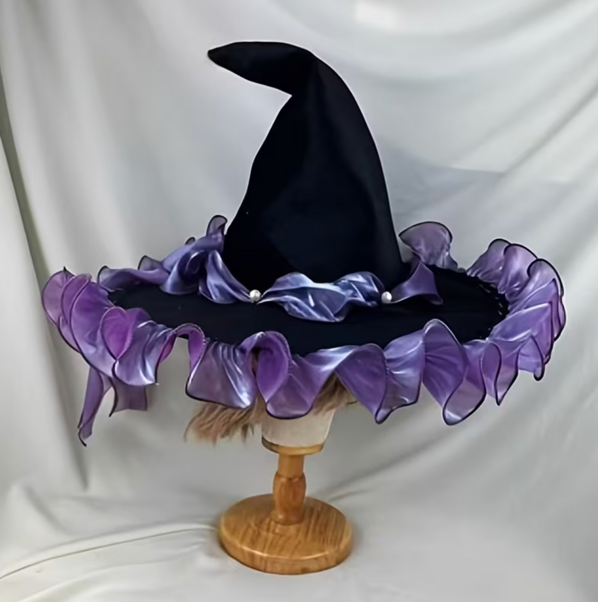 Pointed Woven Witch Hat in Polyester with Decorative Bow and Wide 18.89 Inch Brim