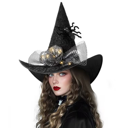 Glowing Witch Hat with Spider Web Pattern, Hidden Switch, and Fabric Rose Accents