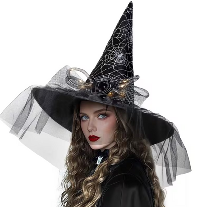 Glowing Witch Hat with Spider Web Pattern, Hidden Switch, and Fabric Rose Accents