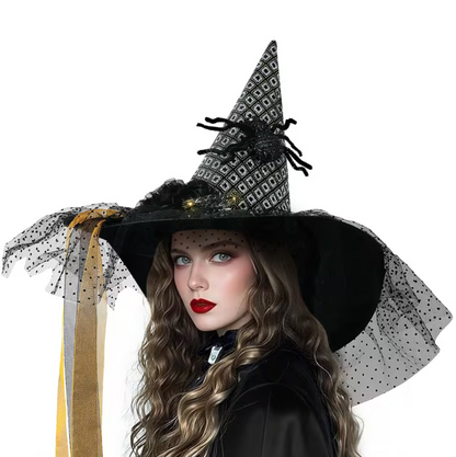 Glowing Witch Hat with Spider Web Pattern, Hidden Switch, and Fabric Rose Accents